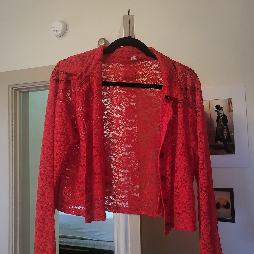 Red Lace Button-Up Blouse - Picture 2 of 3